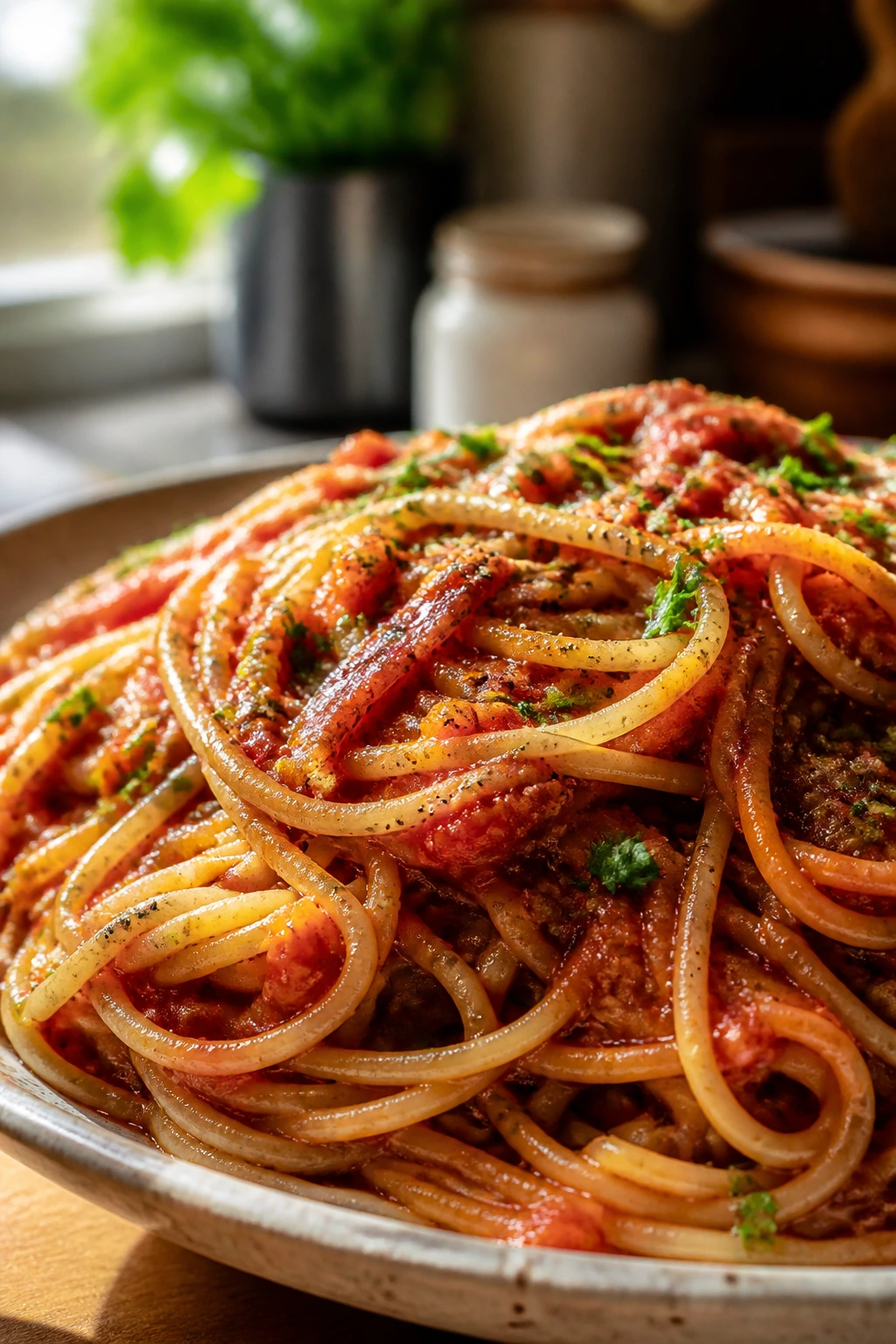 Close-up of anchovy tomato spaghetti on a plate with parsley