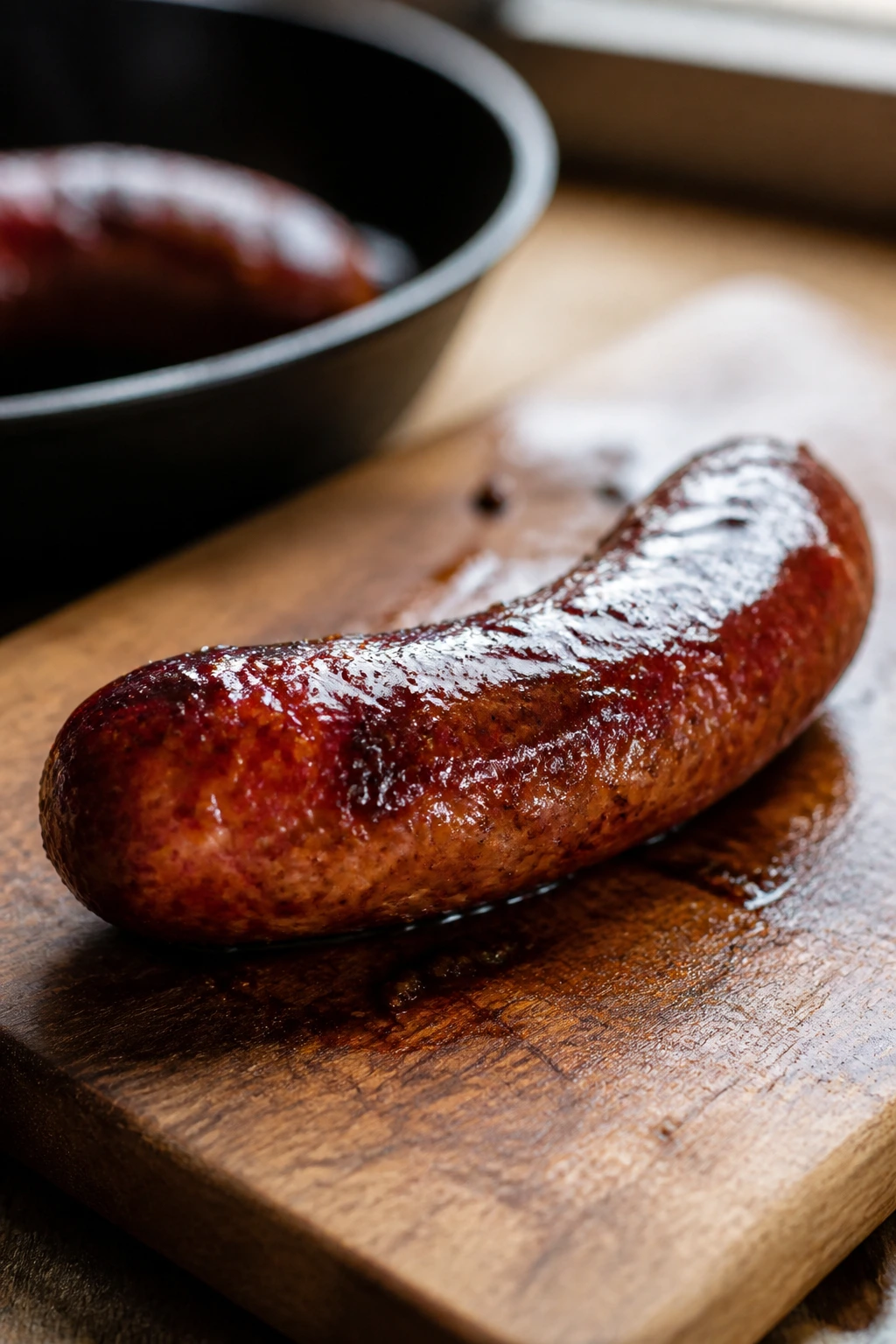 Close-up of glossy glazed andouille sausage on a wooden board in a warm kitchen