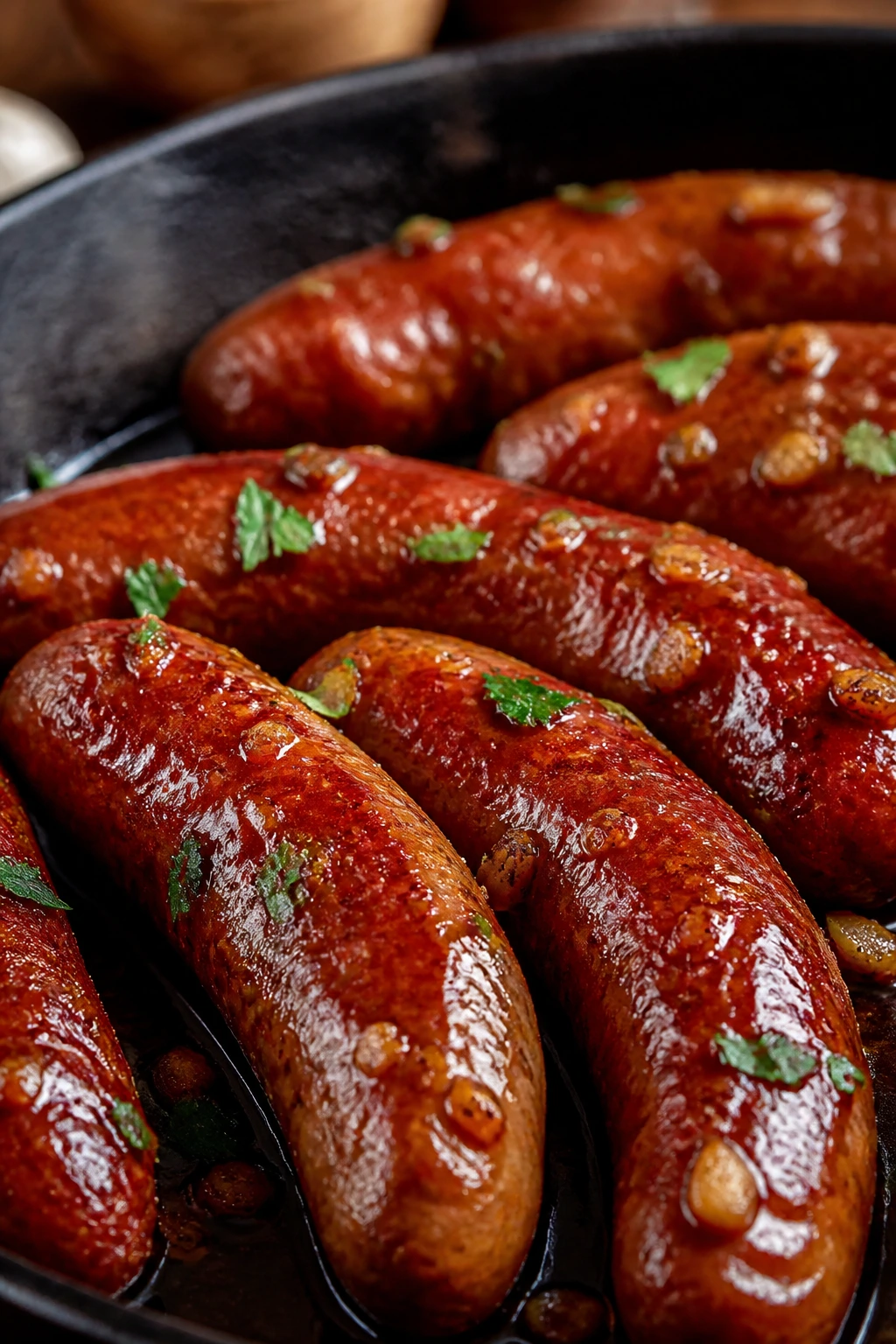 Close-up of smoked andouille with glossy glaze dominating the frame in a warm kitchen.