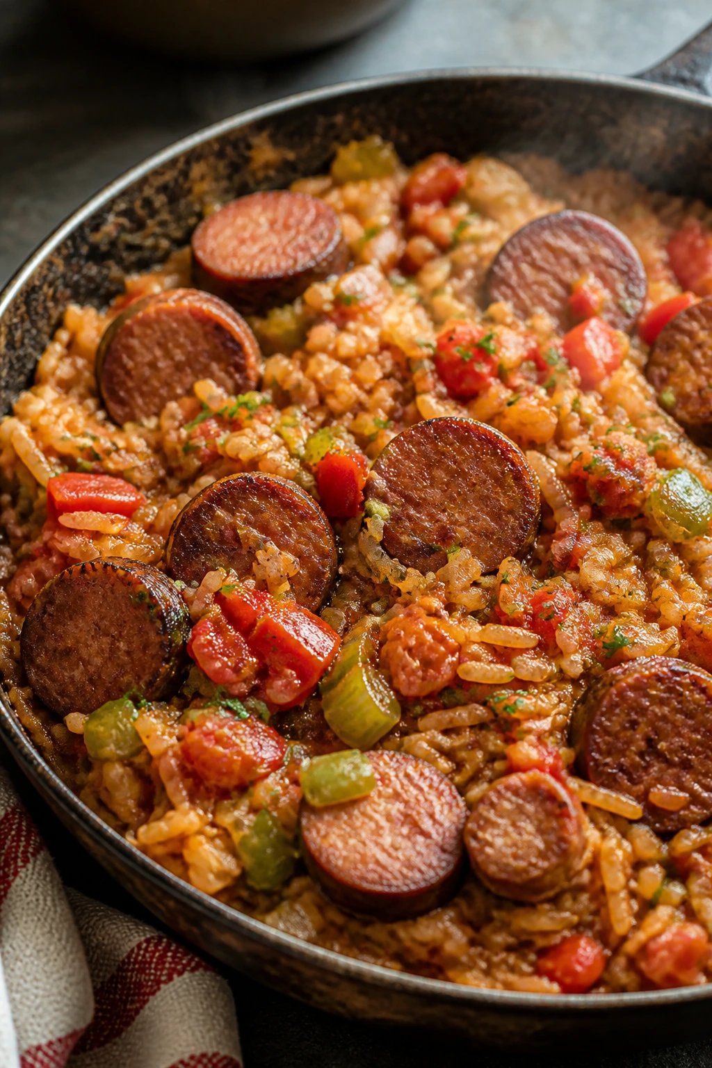 Jambalaya with andouille sausage and vegetables in a rustic bowl