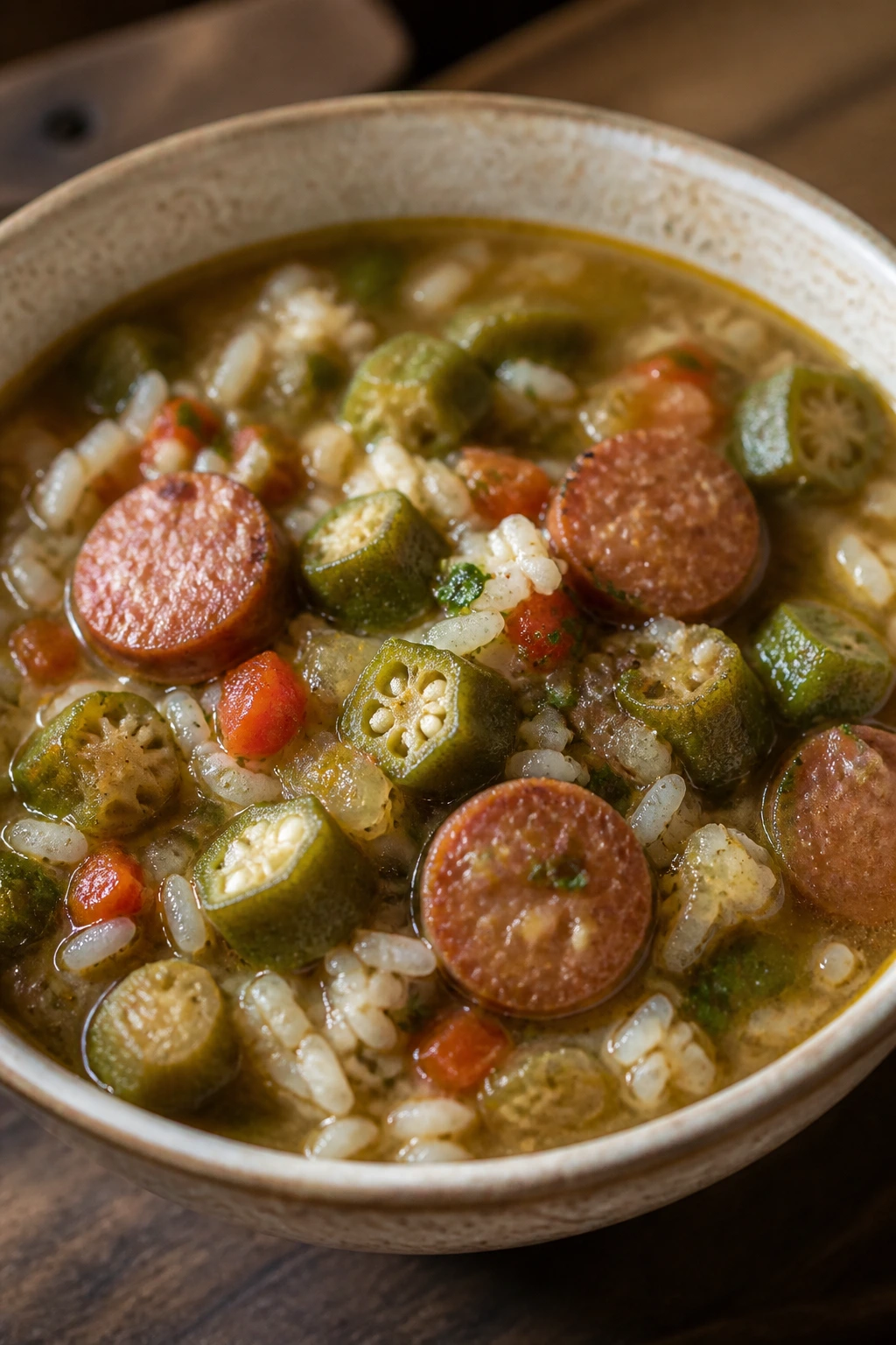 Andouille okra rice soup in a bowl