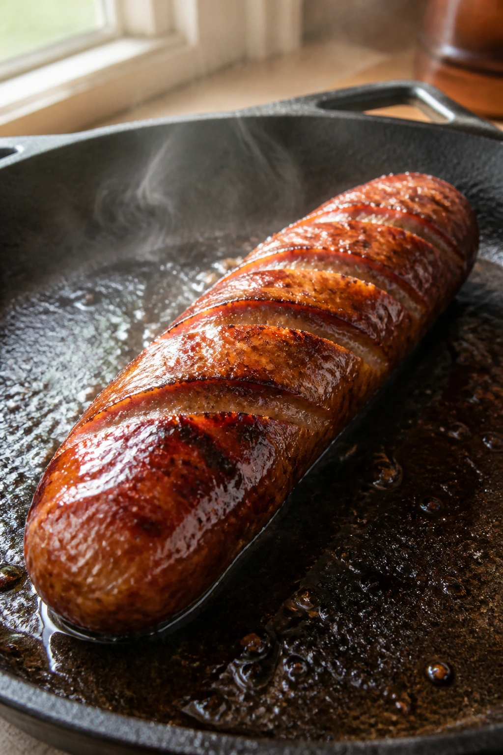 Close-up of juicy glazed andouille sausage in a skillet, steam rising