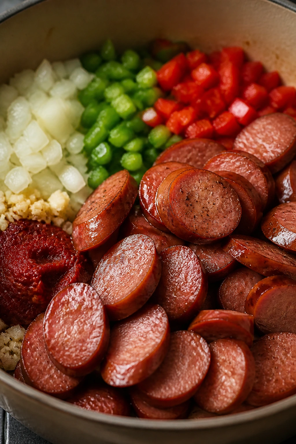 Close-up of andouille sausage with vegetables in a pot