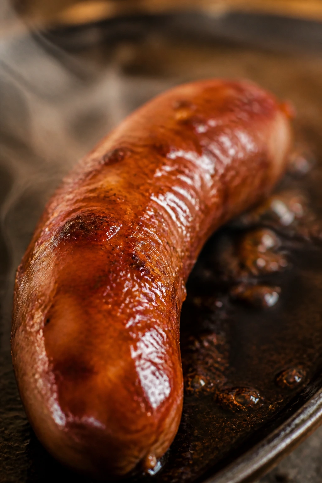 Sausage in a hot skillet with glossy glaze on the casing