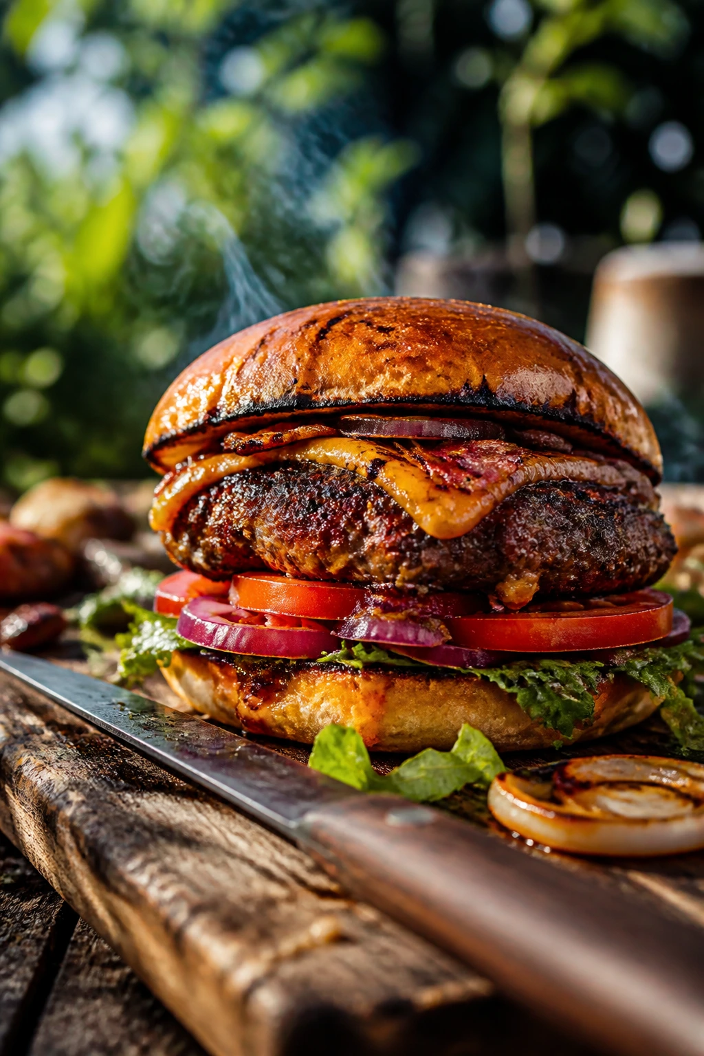 Close-up of a grilled burger shown from a low angle with smoke on a wooden board in a backyard