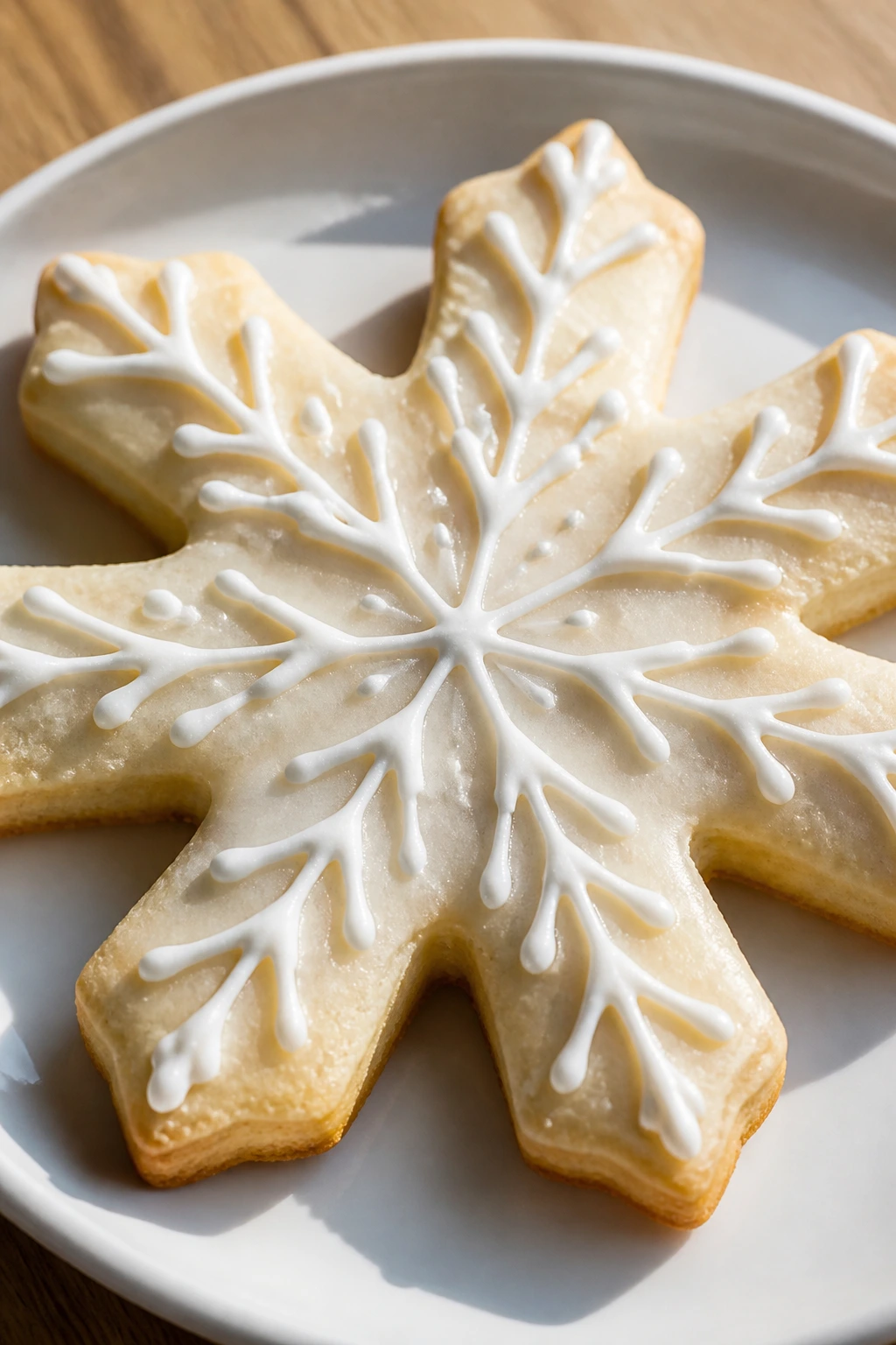 Close-up of pale snowflake cookie with white glaze on a plate