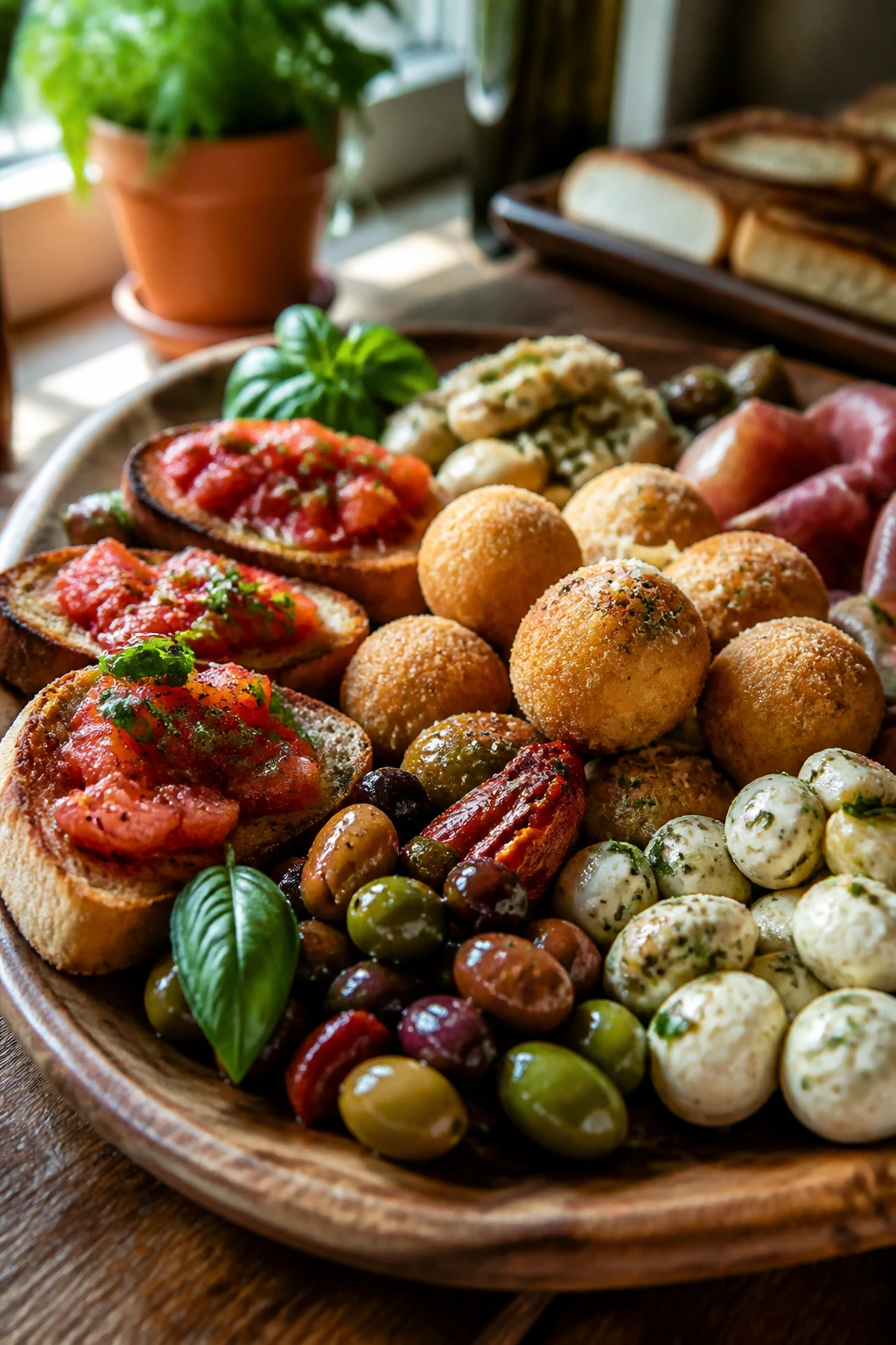 Close-up of rustic antipasti platter on wooden board with bruschetta, arancini, olives
