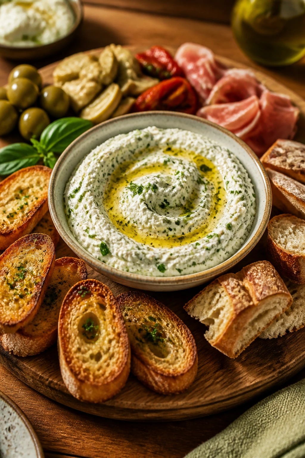 Antipasto board with herb ricotta dip and crostini centerpiece