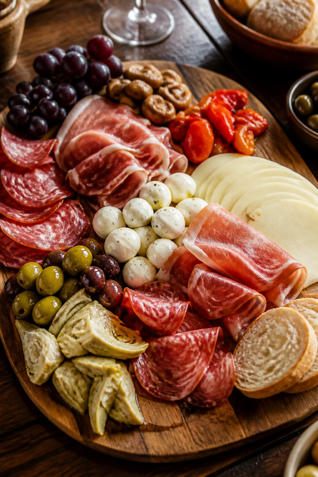 Wooden antipasto board with meats, cheeses, olives and bread on a table
