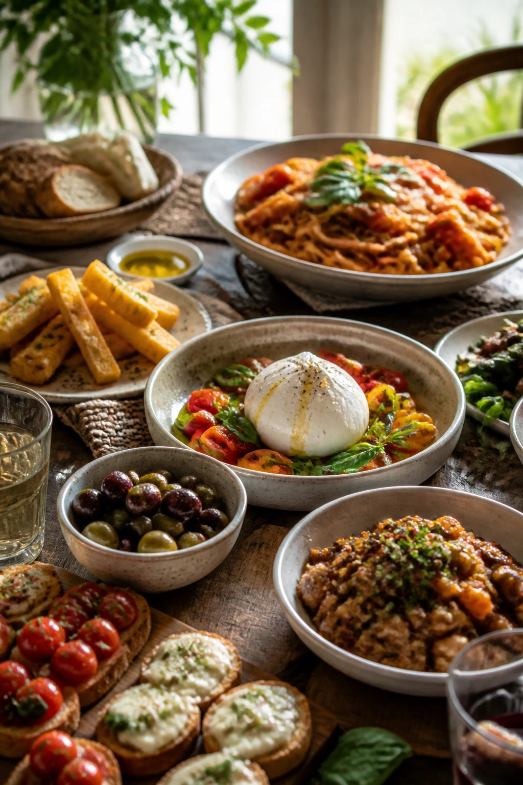 Overhead dining table with an abundant antipasto spread for pasta night