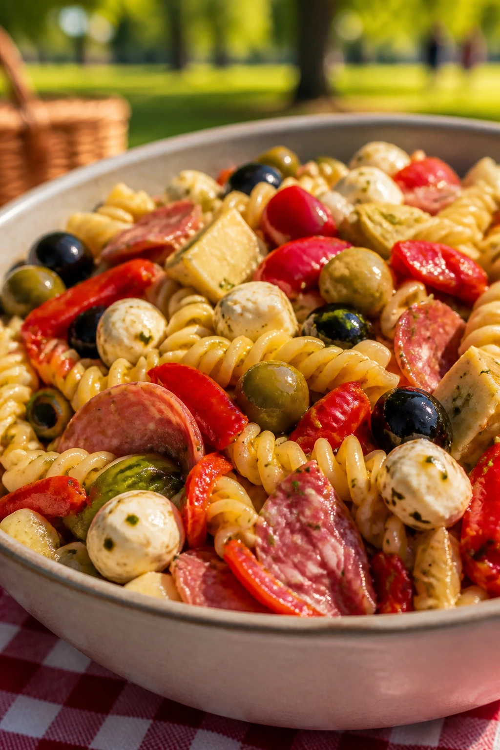 Close-up of antipasto pasta salad with olives and mozzarella