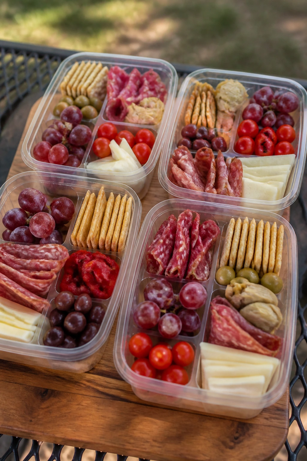 Four antipasto picnic boxes with meats, cheese, and olives