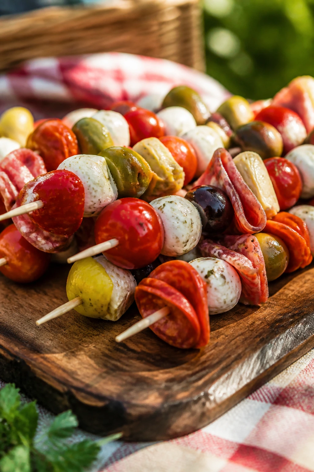 Antipasto skewers on a rustic board for picnics