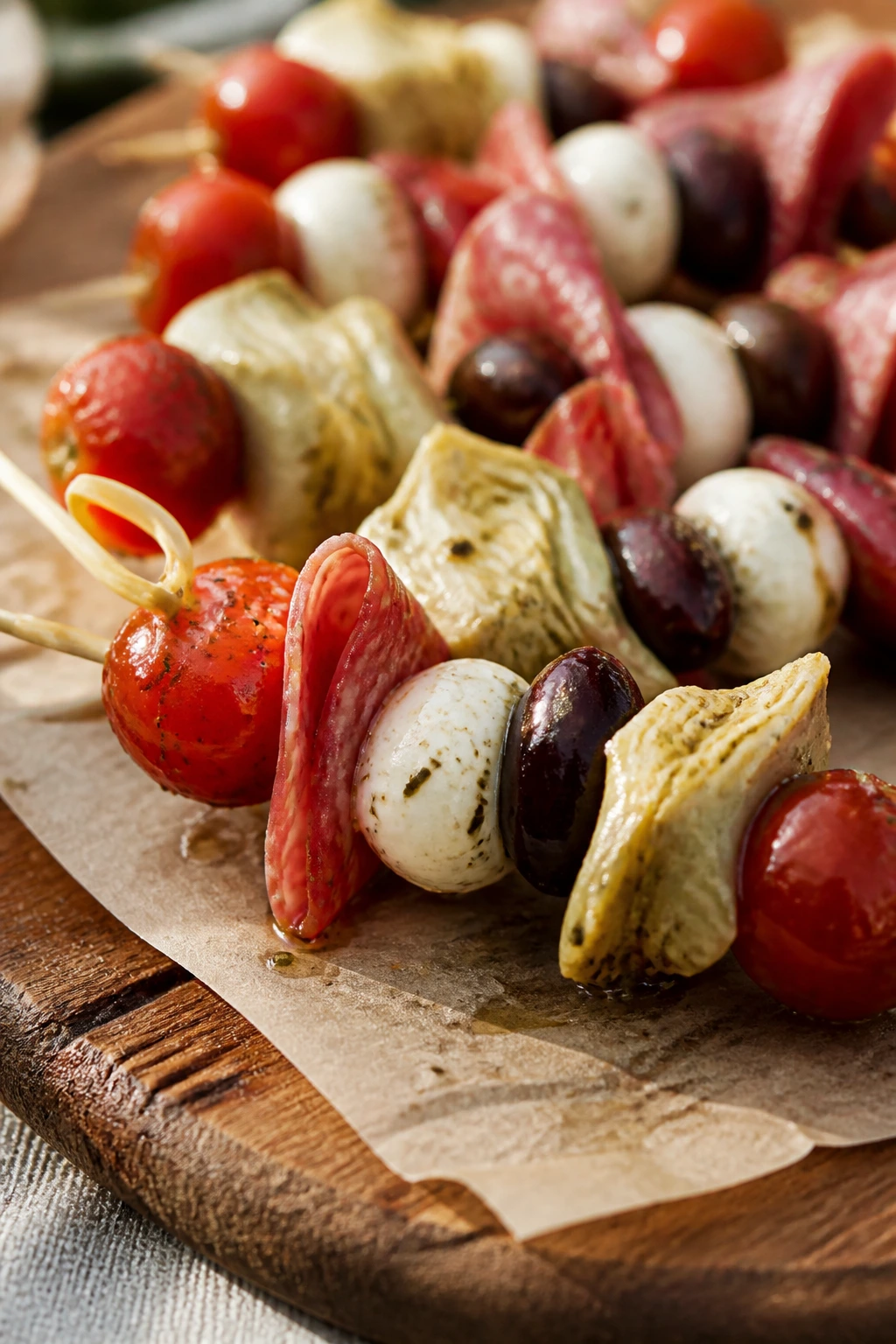 Close-up of antipasto skewers with salami, mozzarella, olives, artichokes, and tomatoes on a rustic picnic board.
