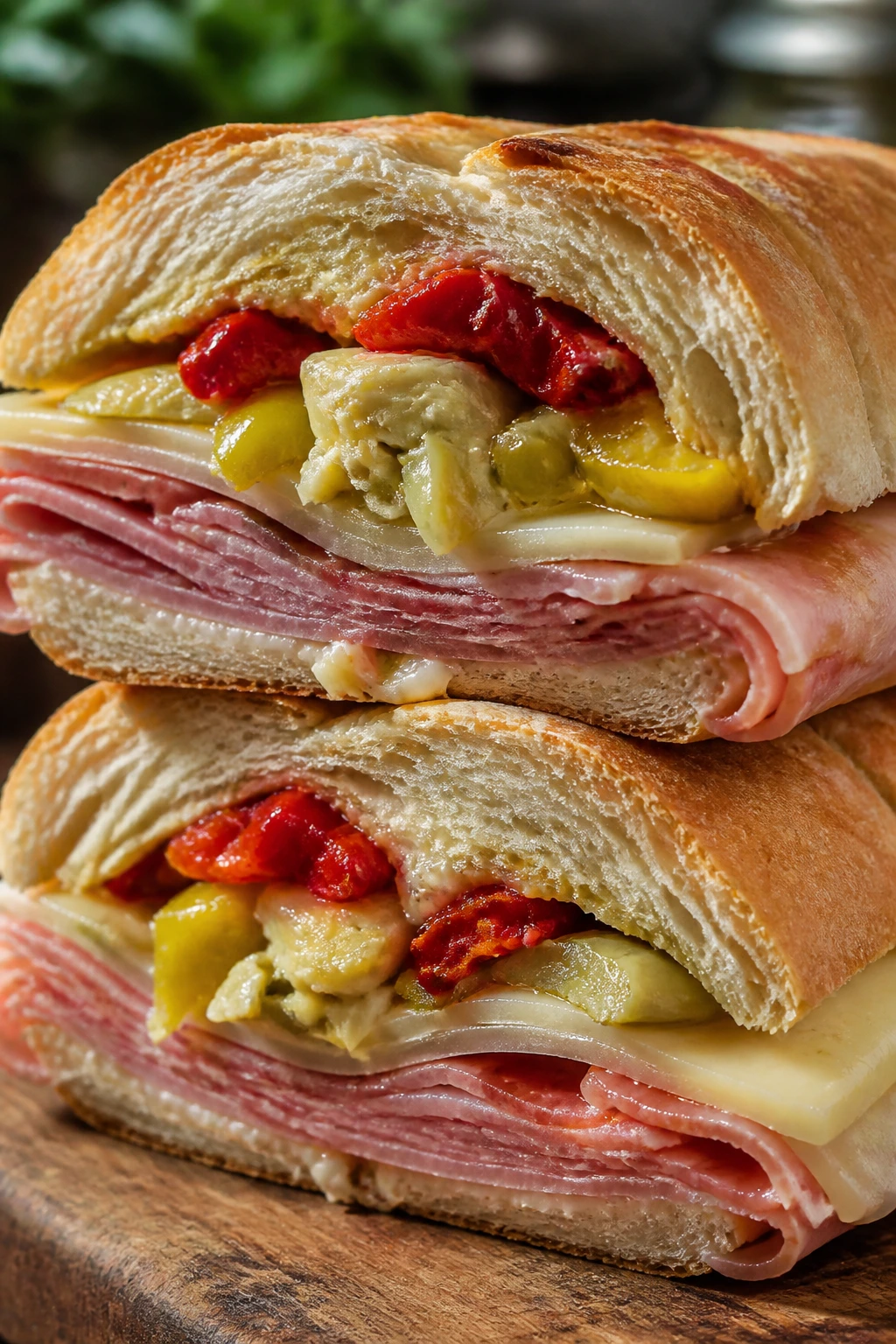 Half of an Italian antipasto sub showing meats, cheese and peppers