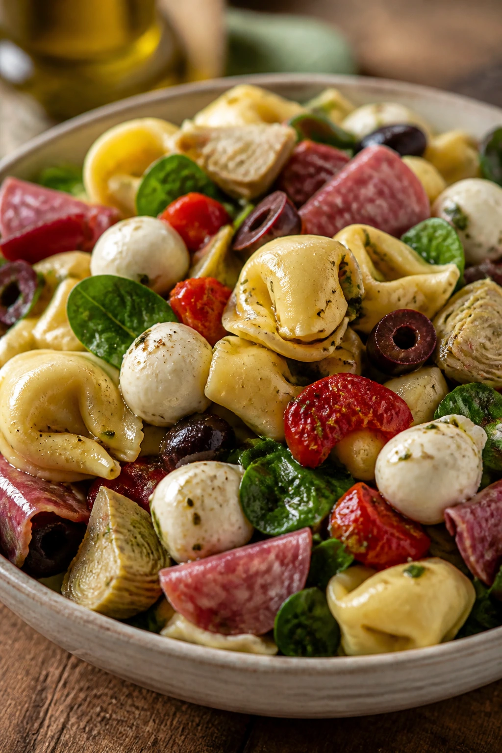 Close-up of antipasto tortellini salad with mozzarella pearls in a bowl