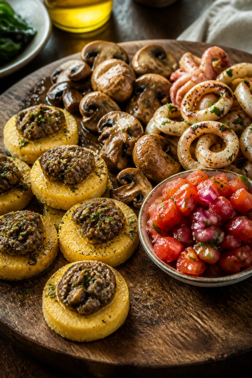 Antipasto variations board featuring gluten-free polenta rounds and bruschetta toppings
