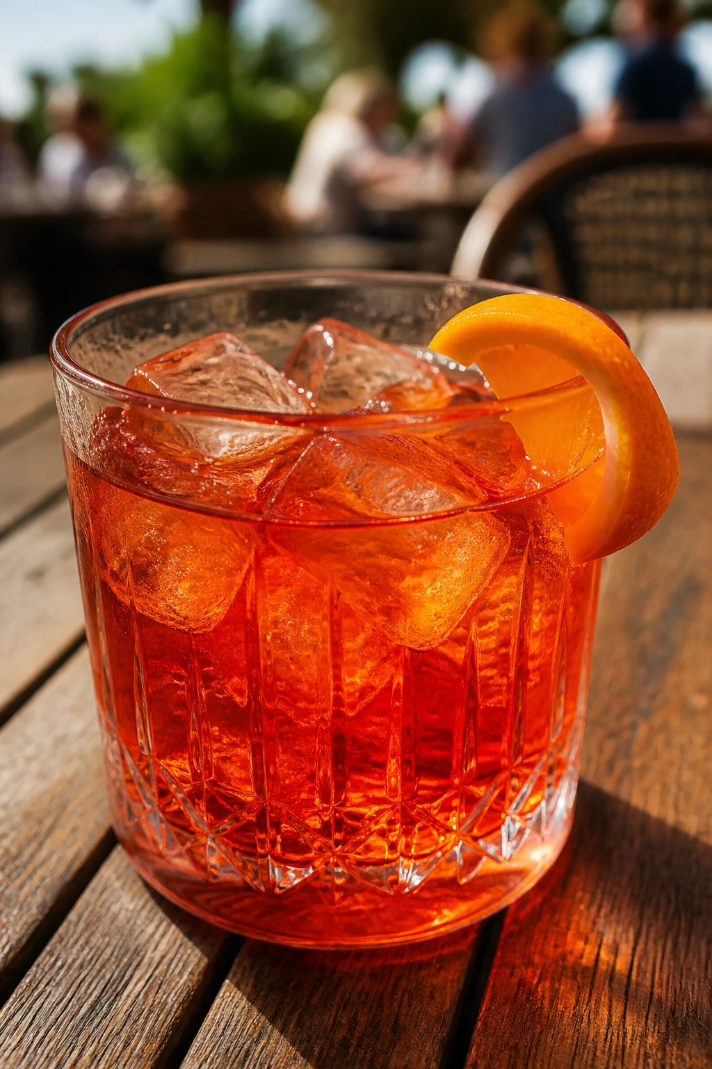 Close-up of Aperol Negroni Sbagliato in a glass with an orange twist on a sunlit patio