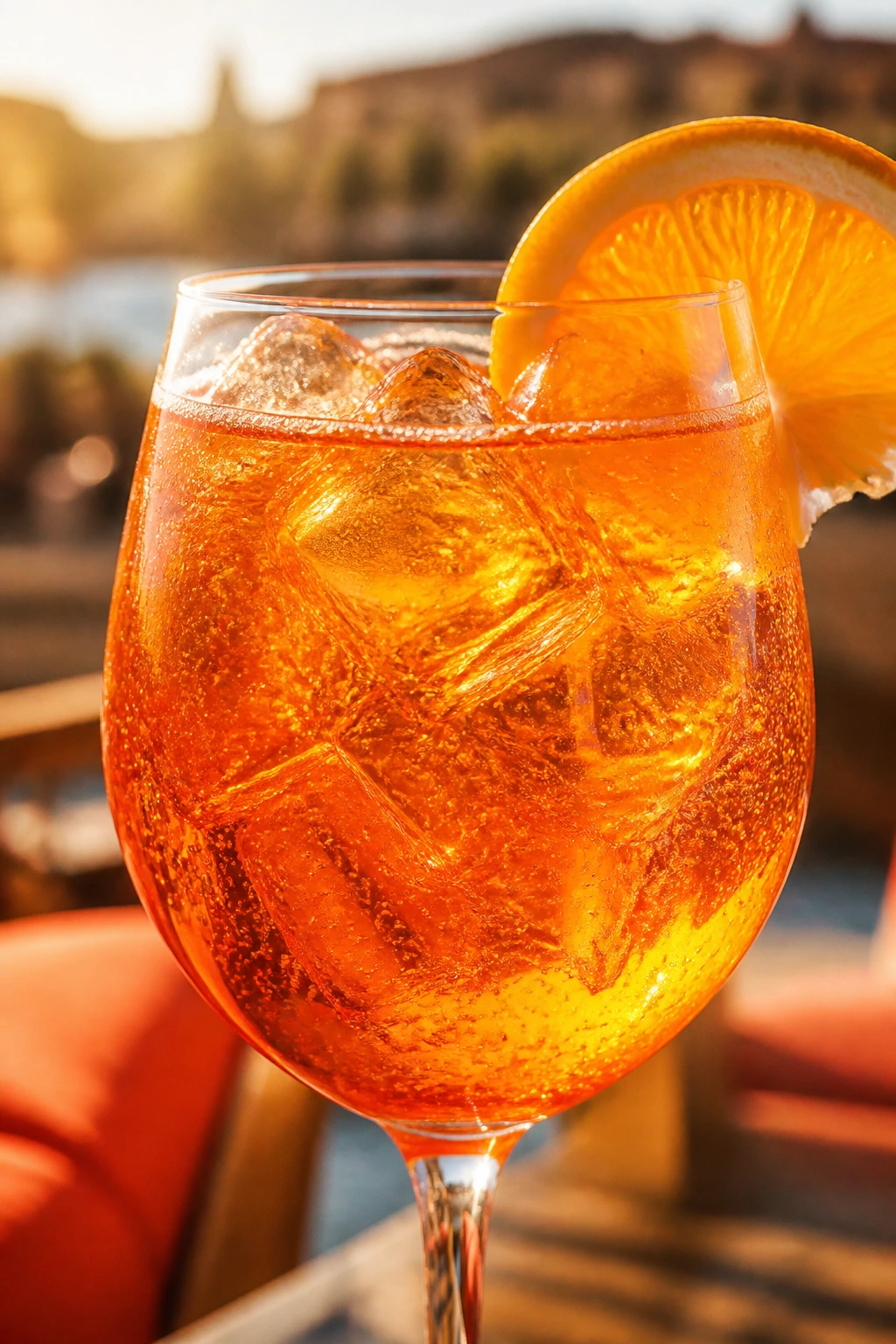 Close-up Aperol Spritz with orange slice on a sunlit outdoor table