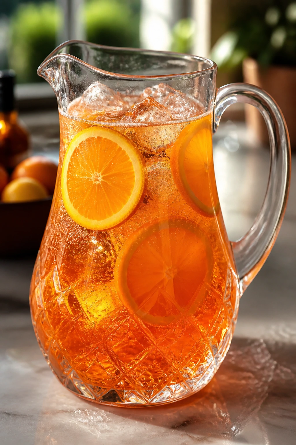 Aperol Spritz pitcher with orange slices on frosted counter