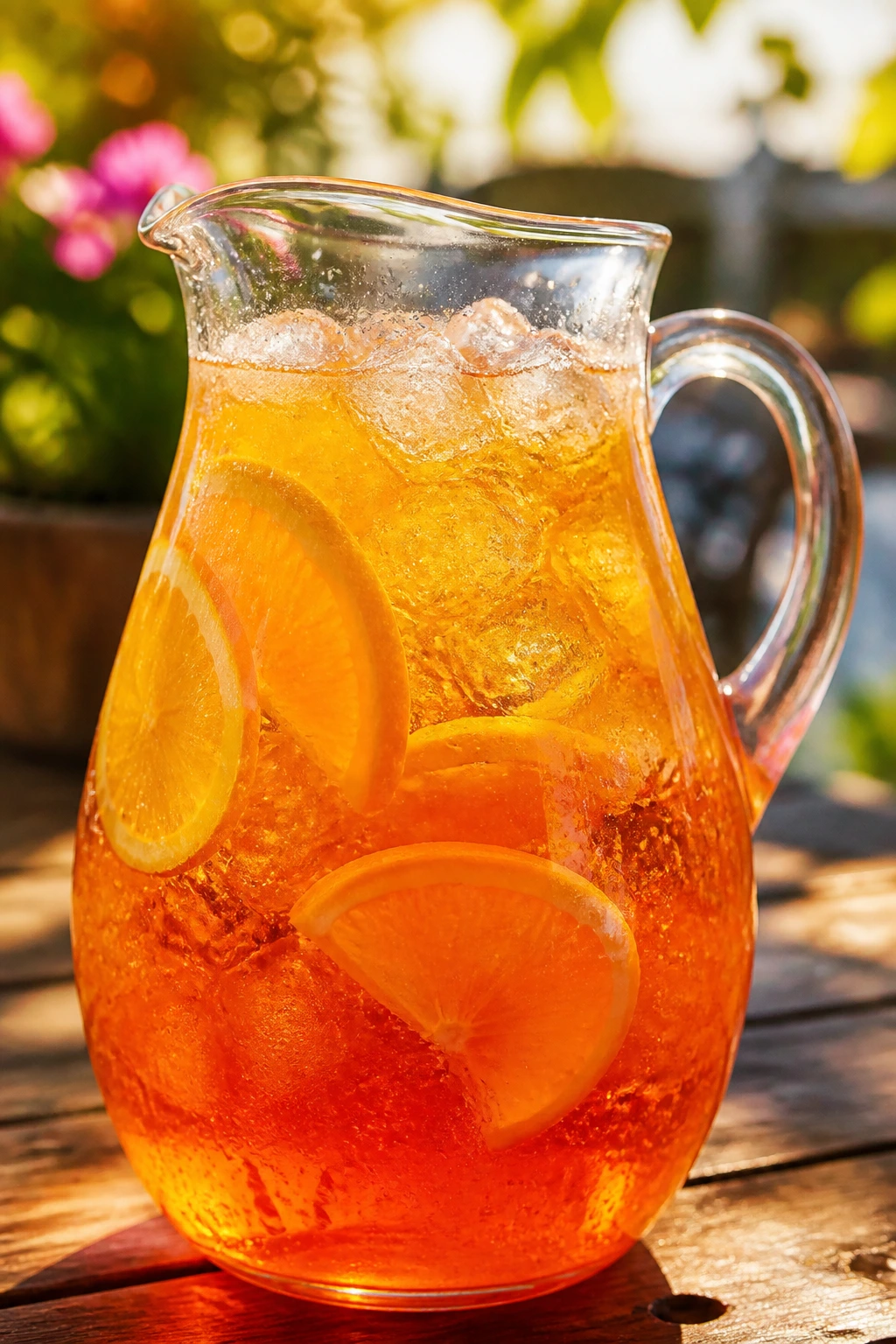 Close-up of Aperol Spritz in a pitcher on a sunlit patio
