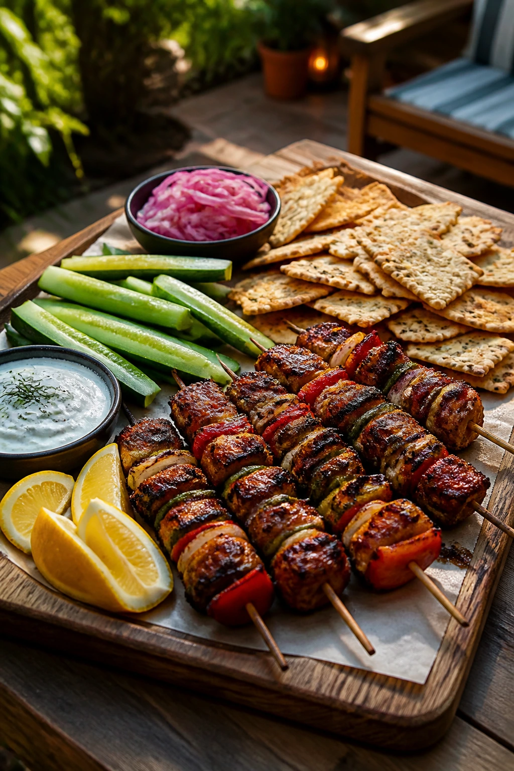 Smoky appetizer board with skewers, crackers, cucumber, pickled onions