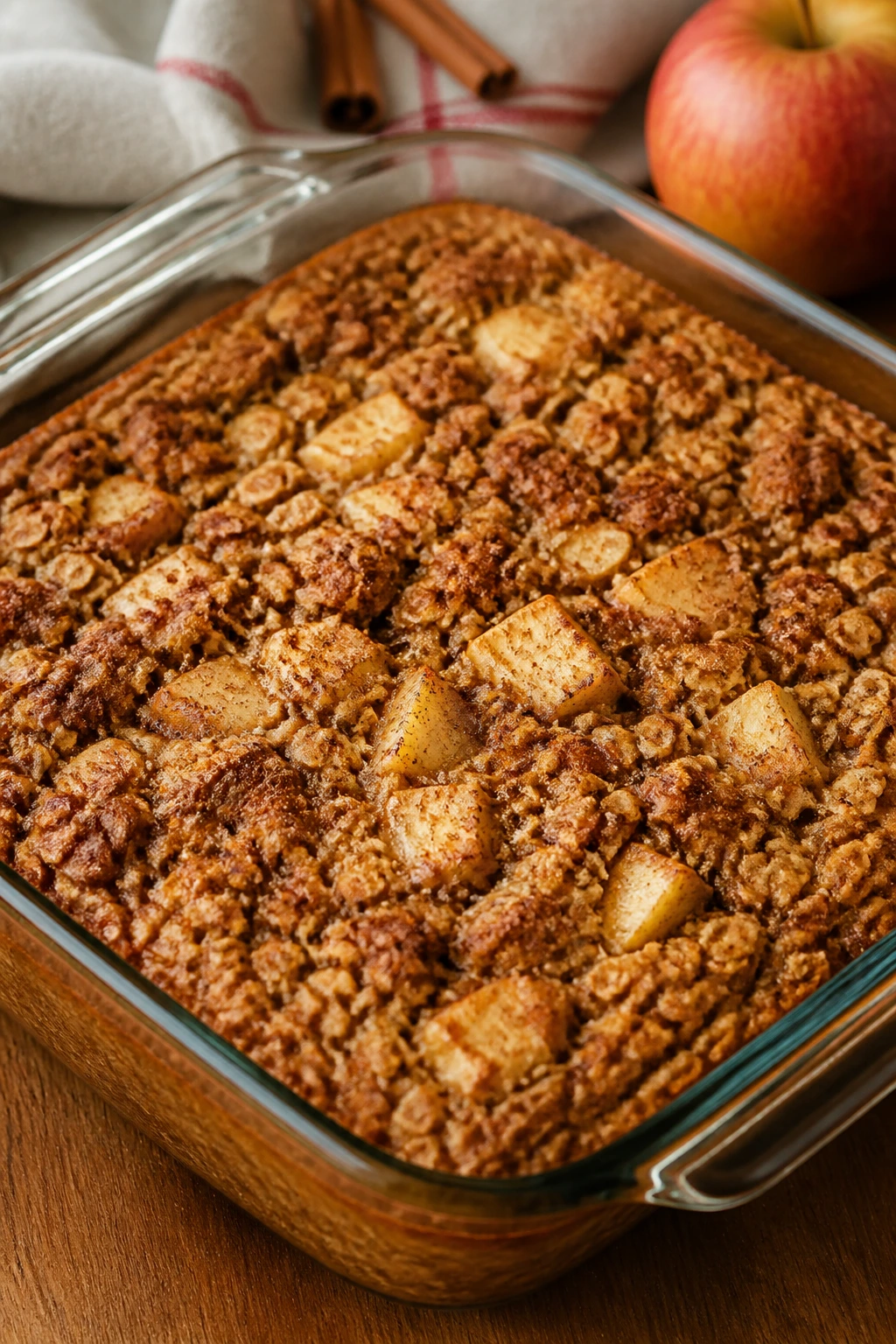 Close-up of golden-brown apple cinnamon baked oatmeal in a baking dish