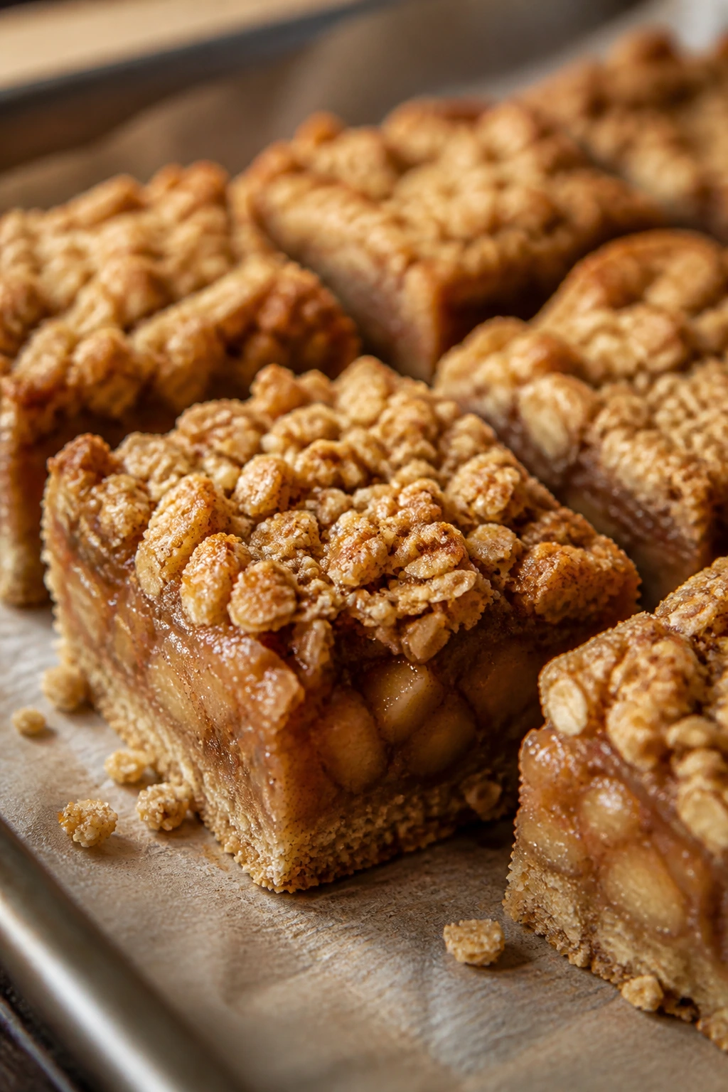 Close-up of cinnamon apple crisp bars with oats and apple filling