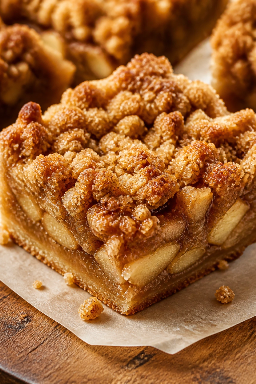 Close-up of Brown Sugar Streusel Apple Bars with crumb topping on parchment in a warm kitchen