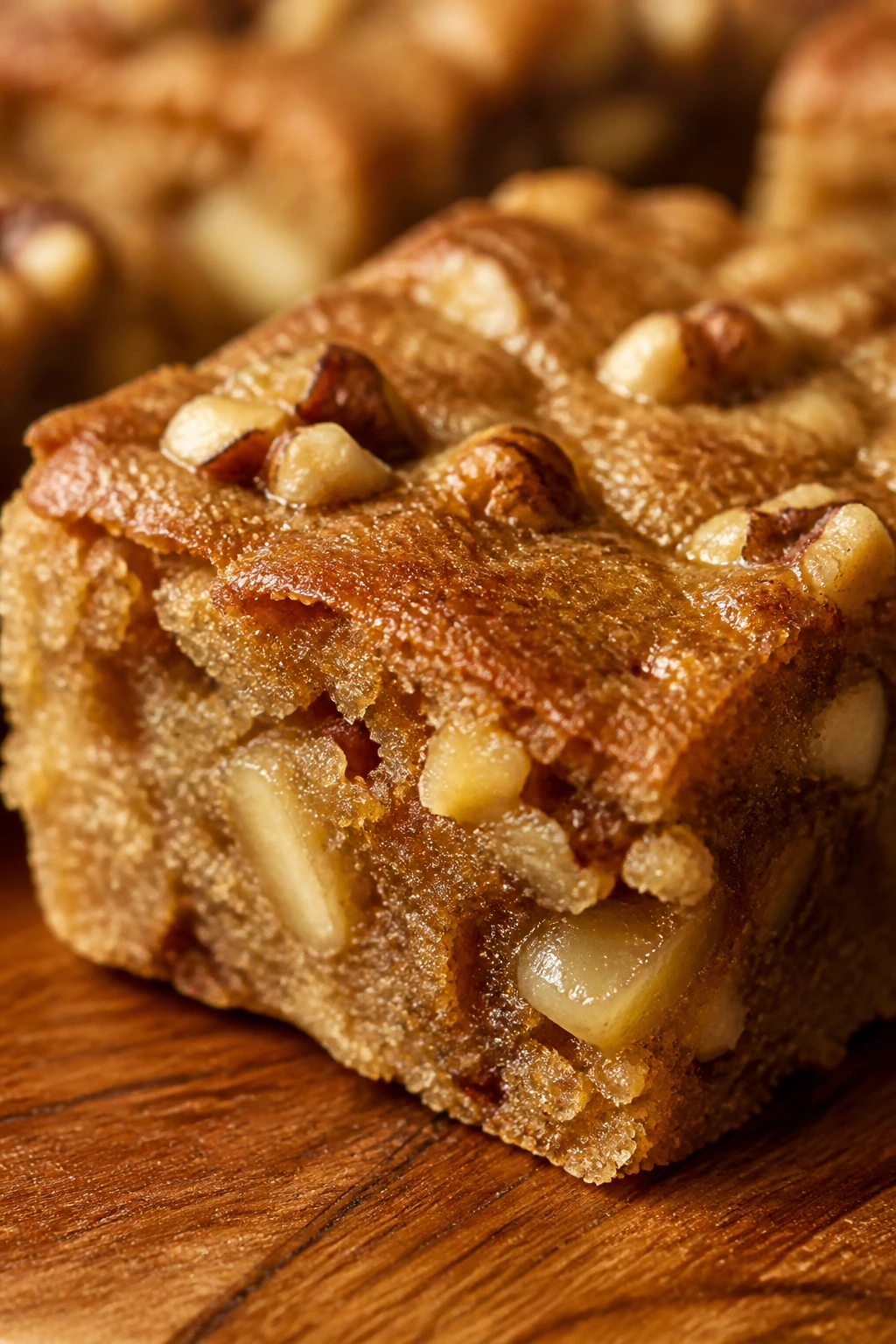 Close-up of brown butter apple blondies with walnuts