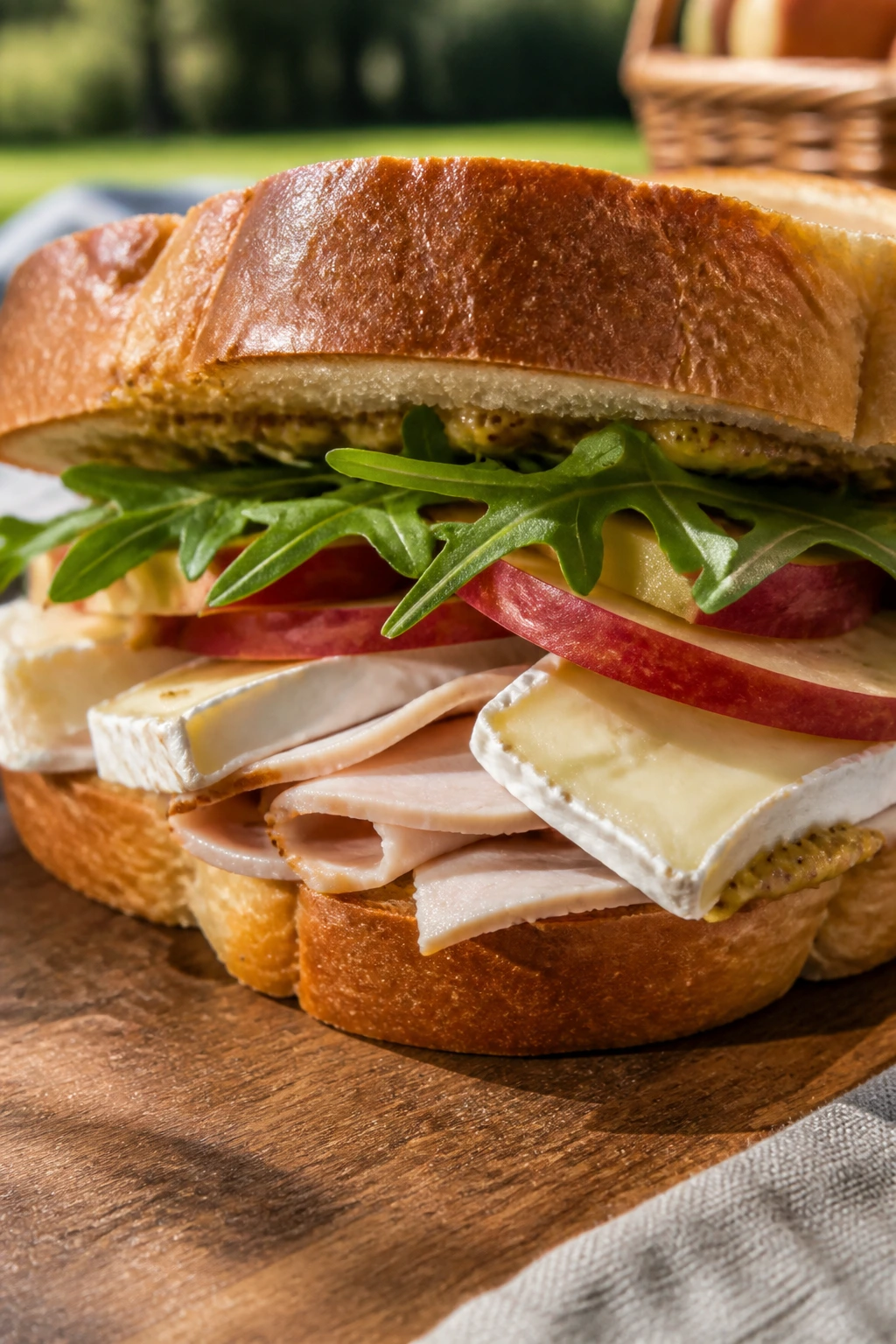 Close-up of apple brie turkey sandwich on sturdy bread