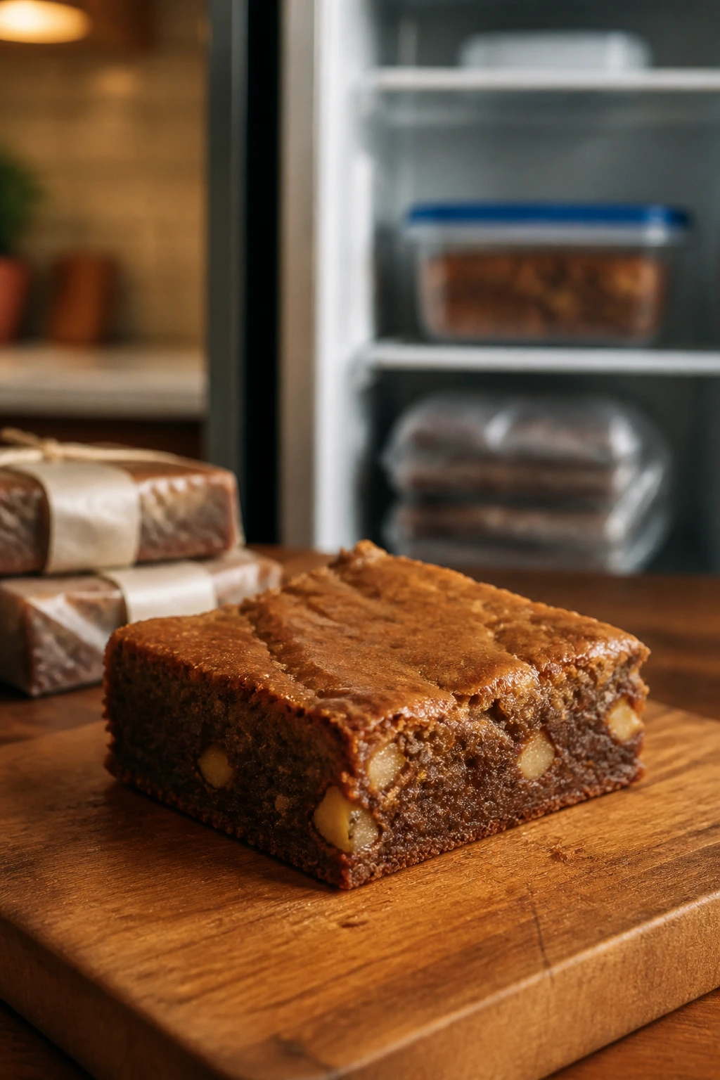 Close-up of an apple brownie square on a wooden board in a warm kitchen, suggesting make-ahead storage and reheating.