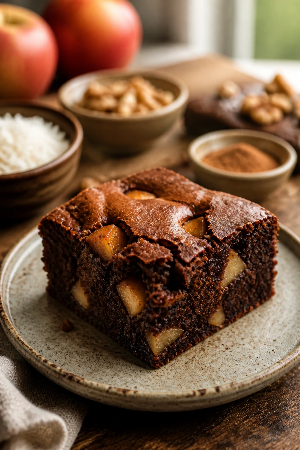 Close-up of a textured apple brownie square on a rustic plate suggesting recipe variations.
