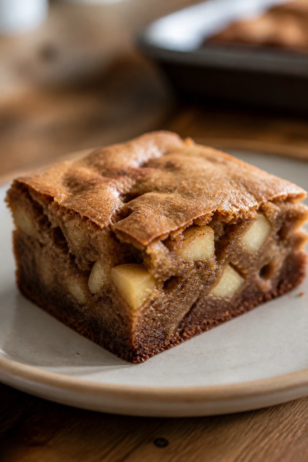 Single apple brownie square on plate with visible apple chunks
