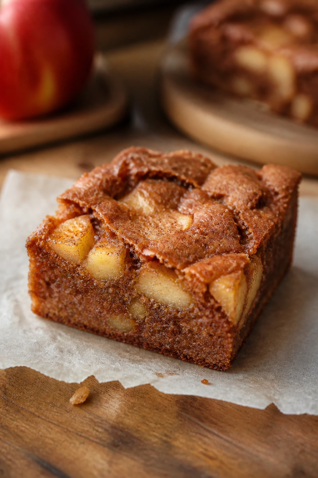 Close-up of a cinnamon apple brownie square with apple pieces