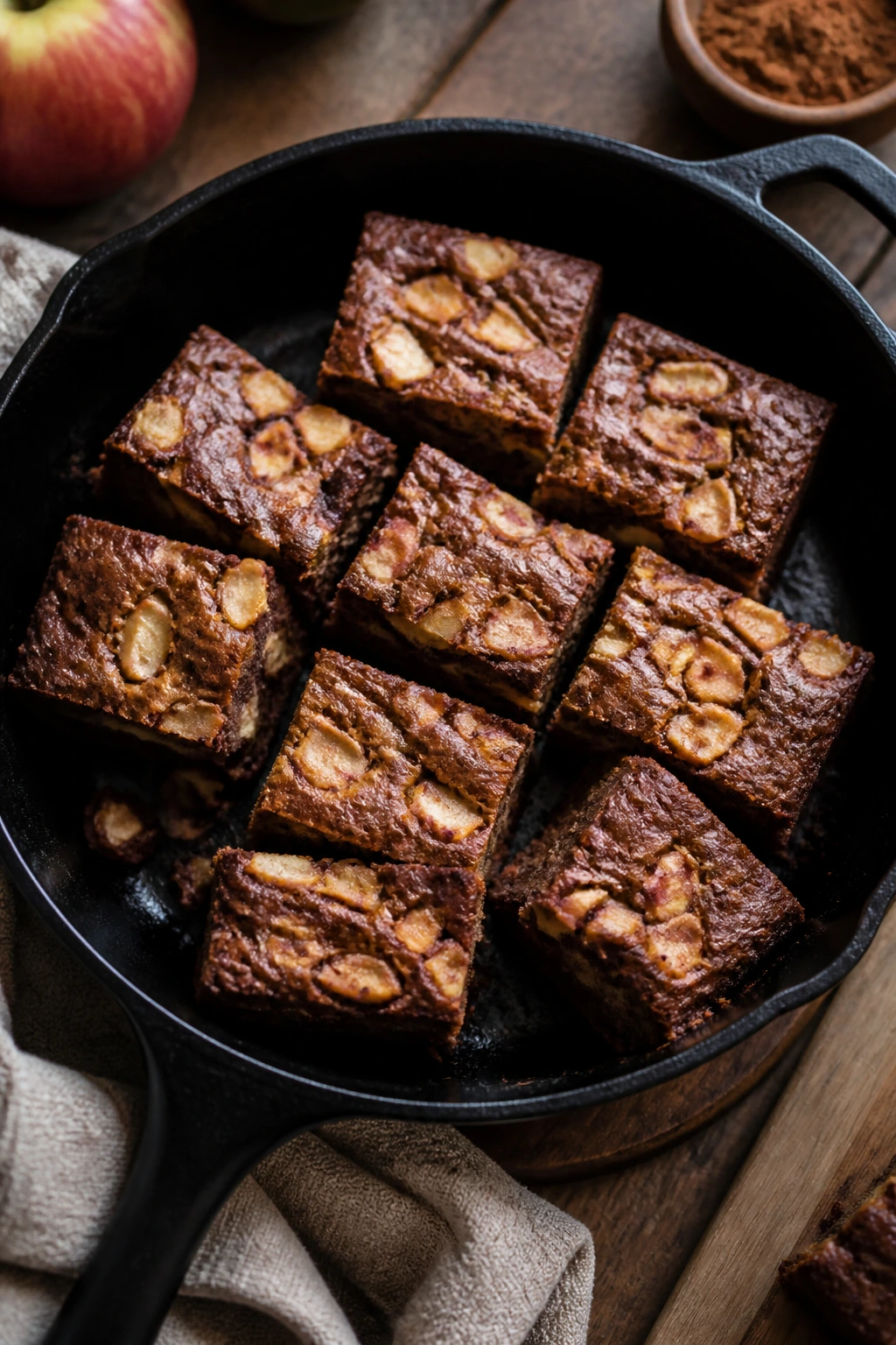 Skillet with browned-edge apple brownie squares filling the frame.
