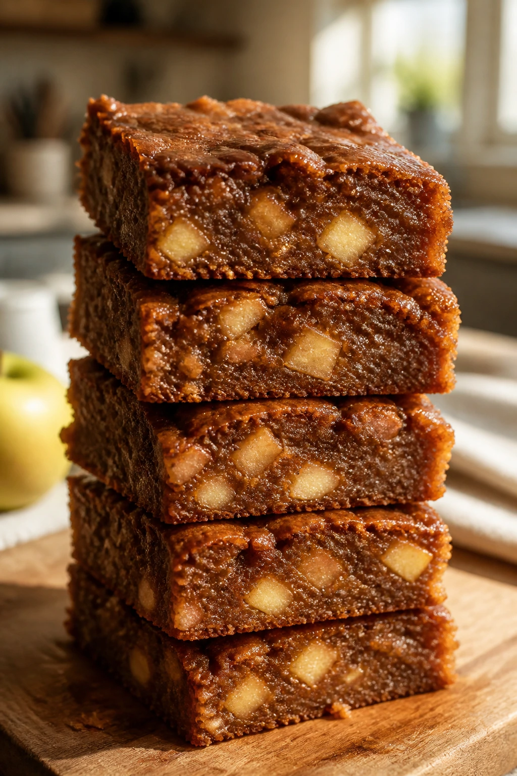 Close-up of a tall stack of apple brownies on a wooden board in a sunlit kitchen