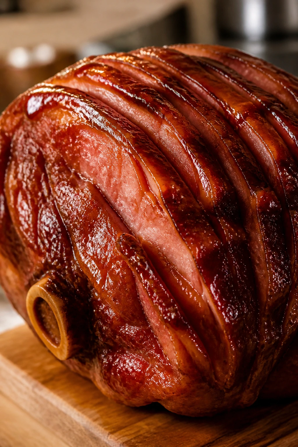 Close-up of apple butter bourbon glazed ham on a wooden cutting board