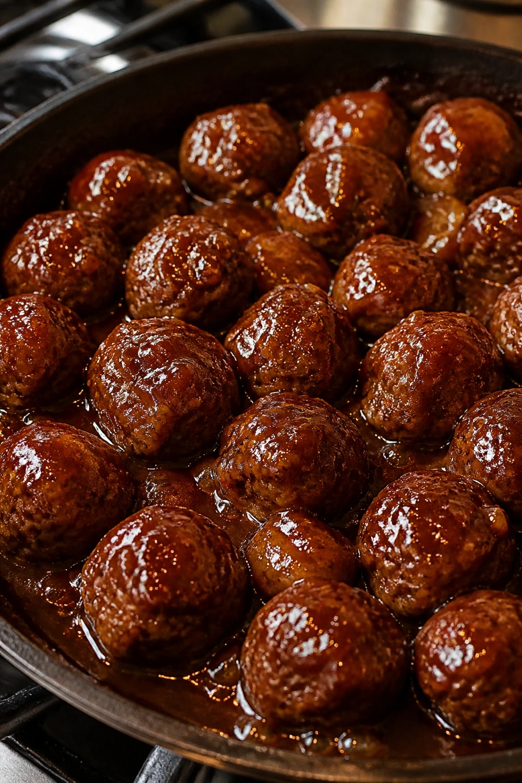 Close-up of Apple Butter BBQ Meatballs with apple glaze