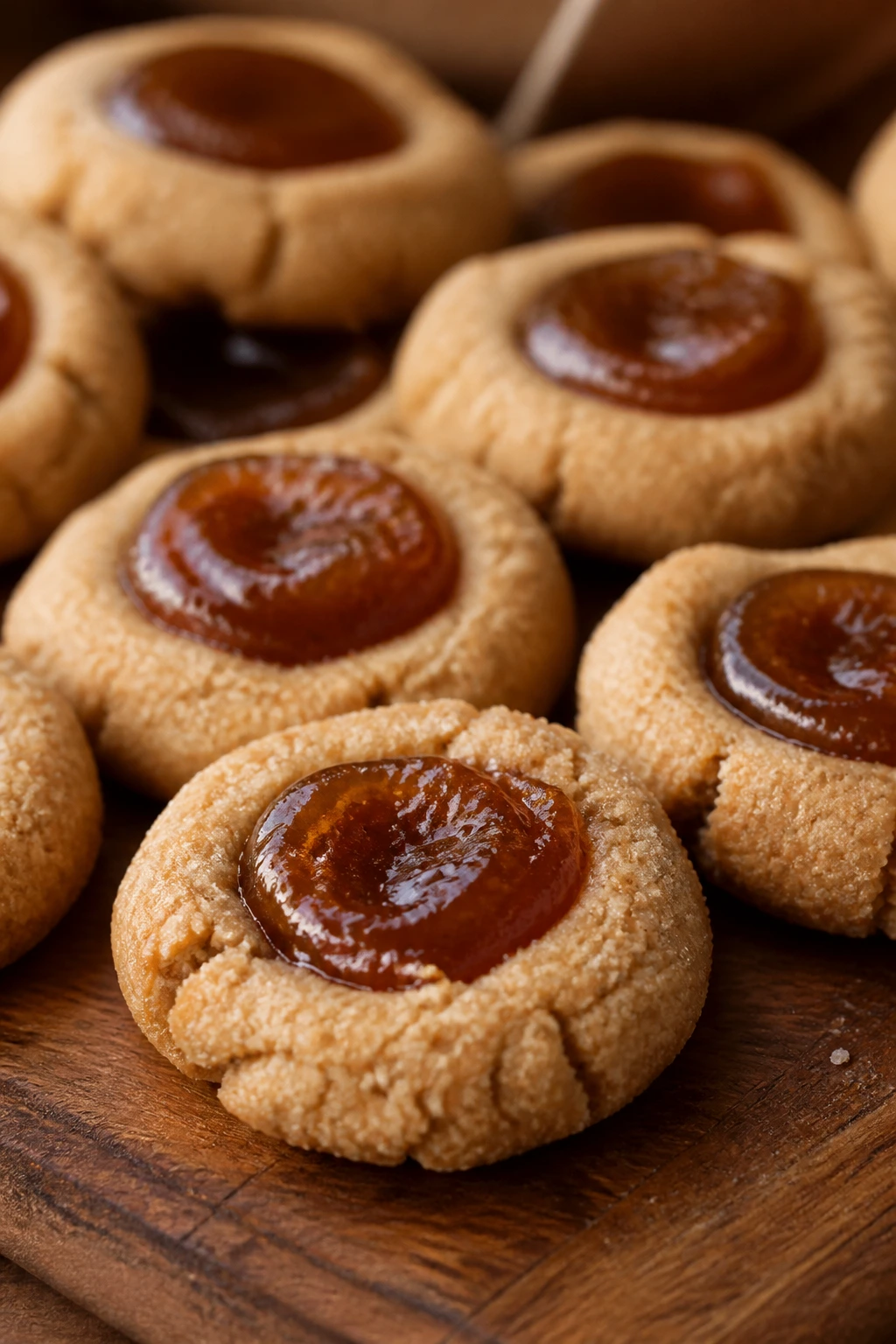 Close-up of apple butter thumbprint cookies on a wooden board in warm kitchen light