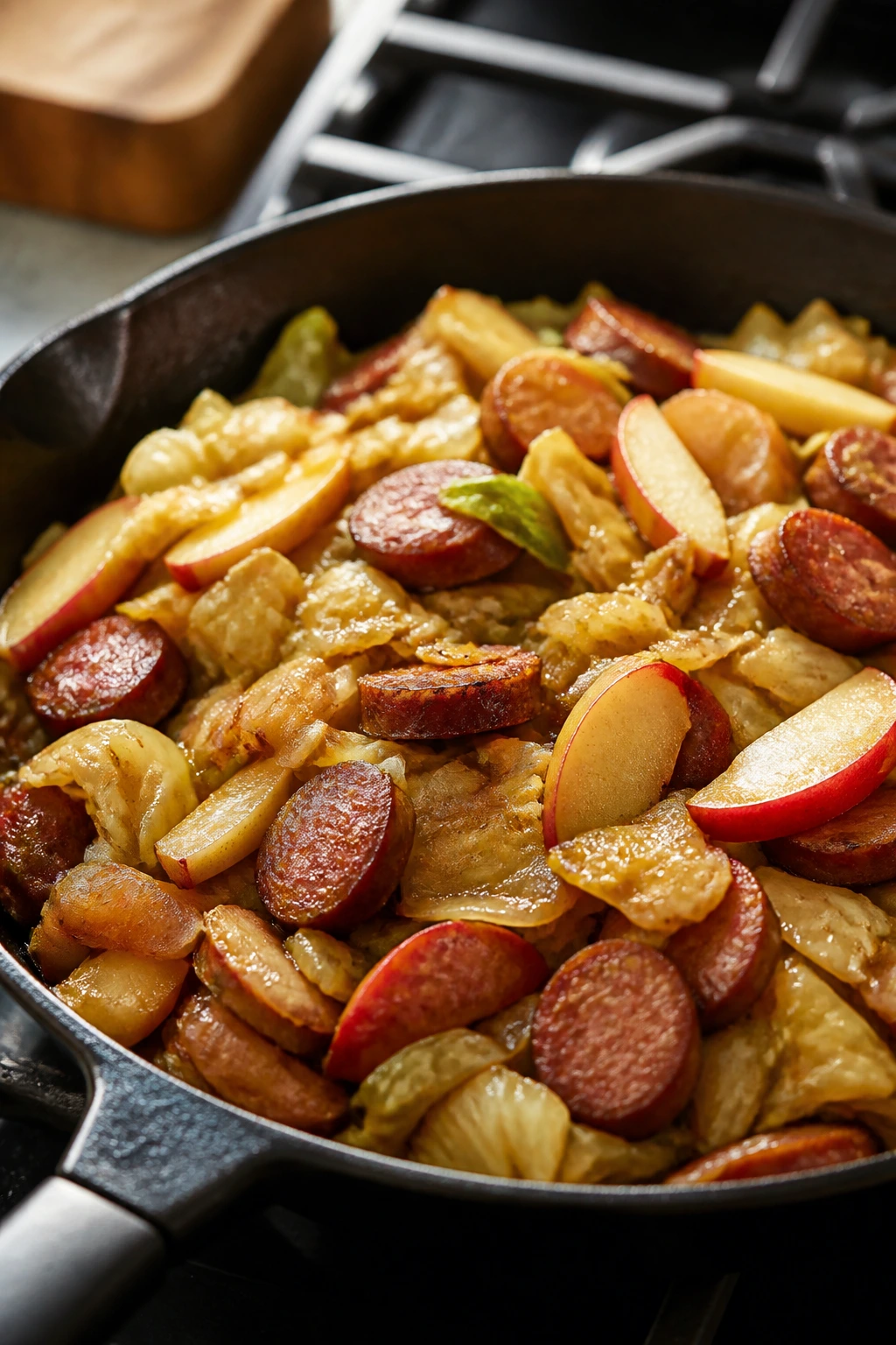 Skillet with cabbage, apples, and sausage in a glossy savory sauce.