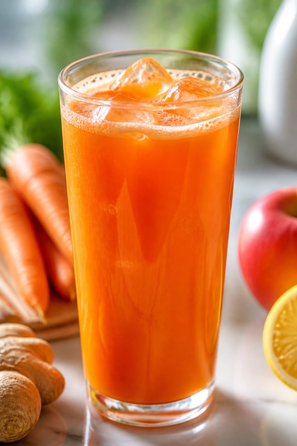 Bright orange Apple Carrot Ginger Juice in a tall glass