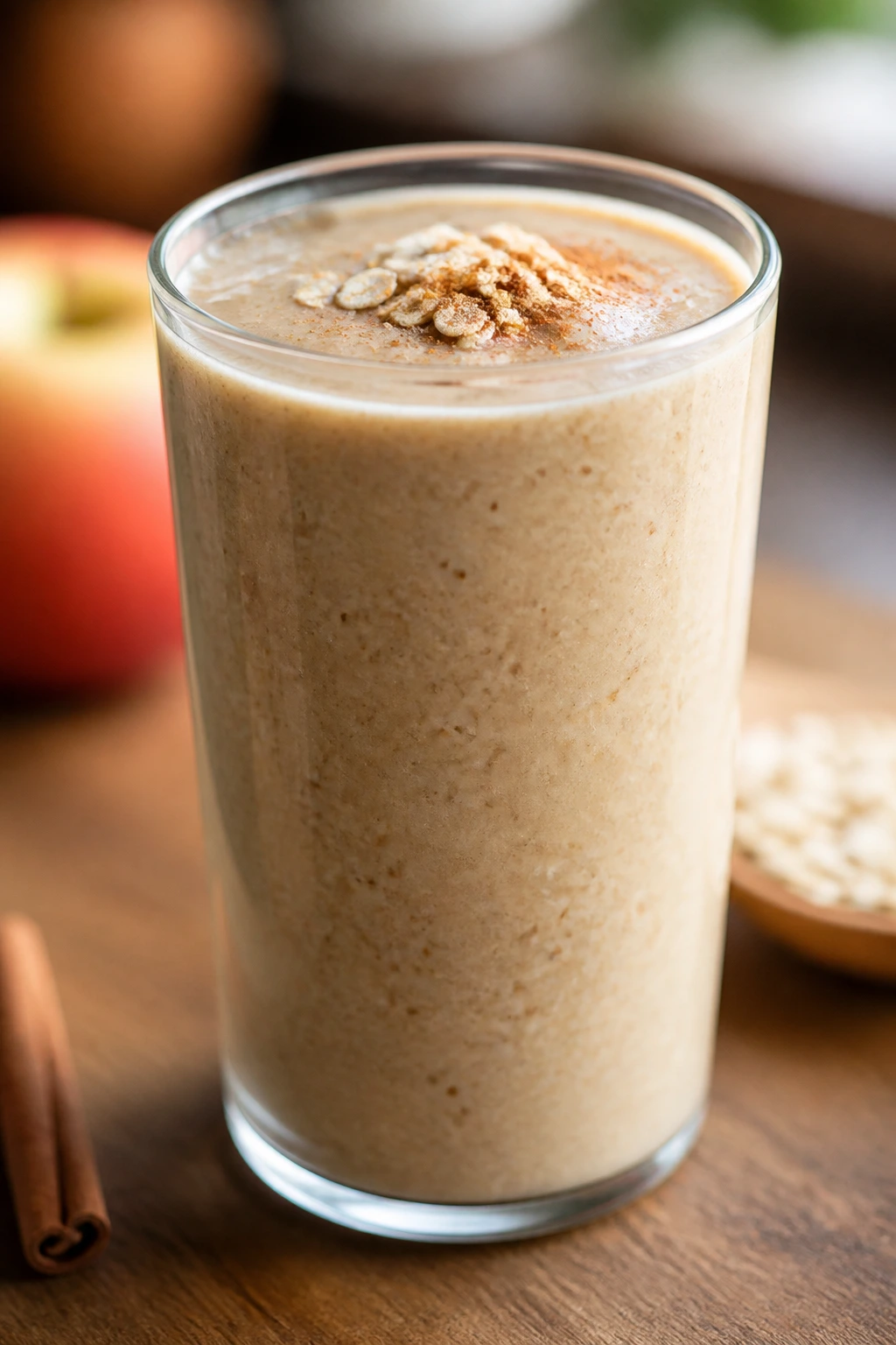 Close-up of Apple Chai Oat Smoothie in a glass on a wooden counter
