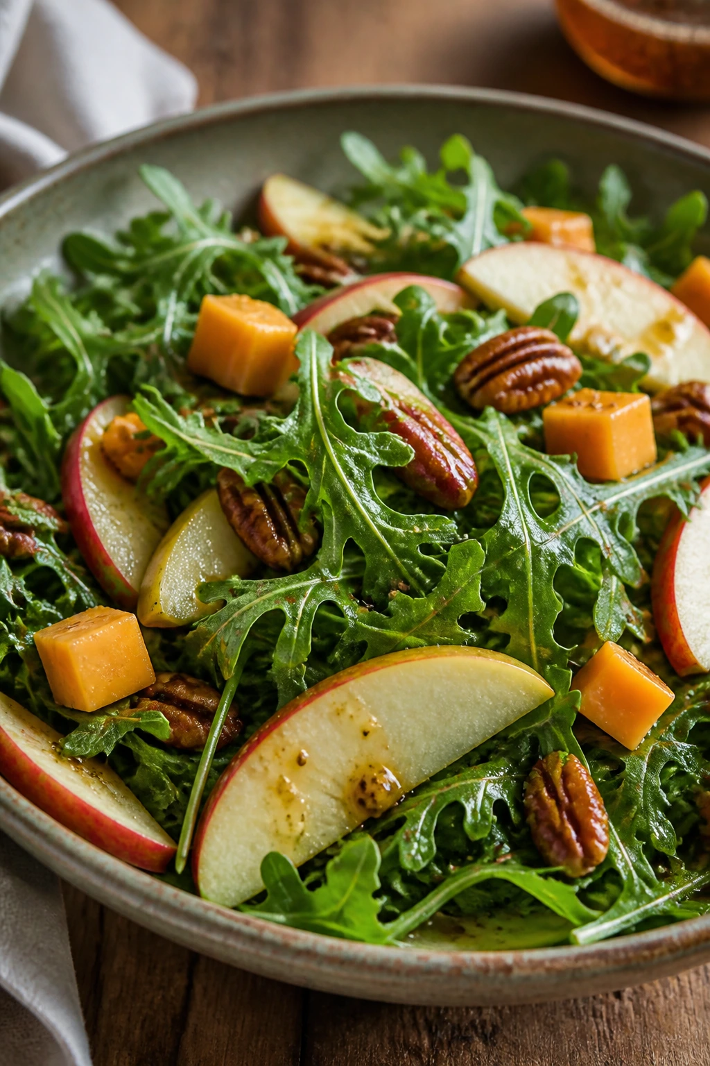 Arugula salad with apples, cheddar, and pecans on a rustic surface