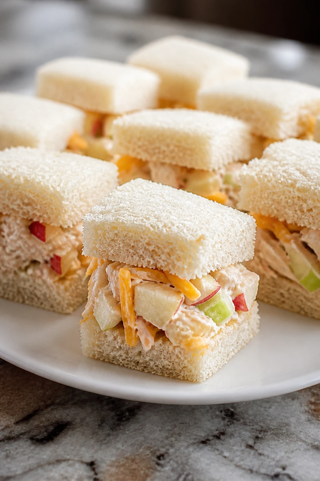 Bite-sized chicken salad sandwiches with apples and cheddar on a plate