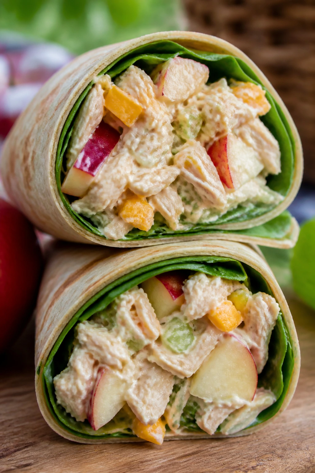 Cross-section of Apple Cheddar Chicken Wrap on a picnic surface