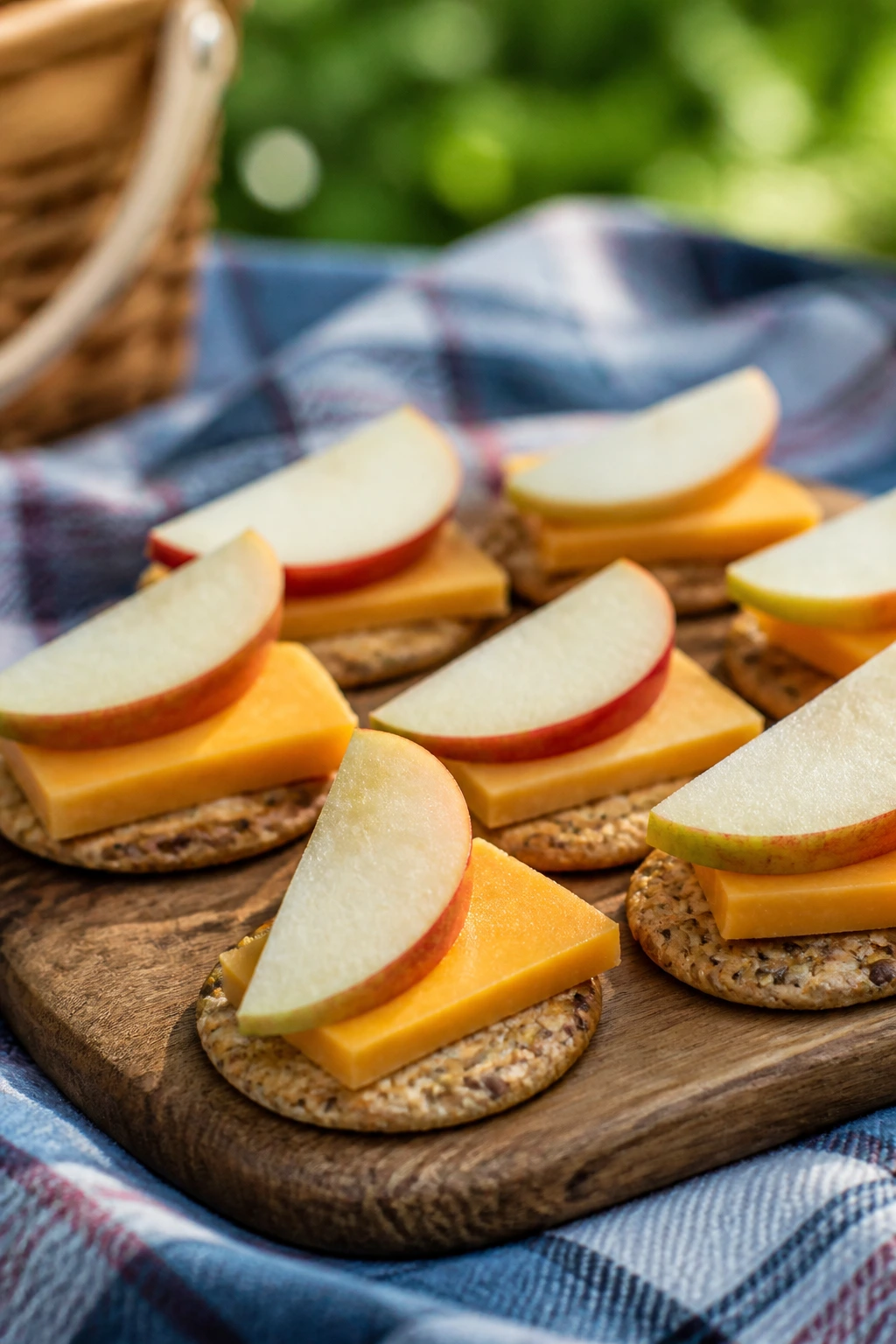 Close-up of apple cheddar crackers on a picnic board