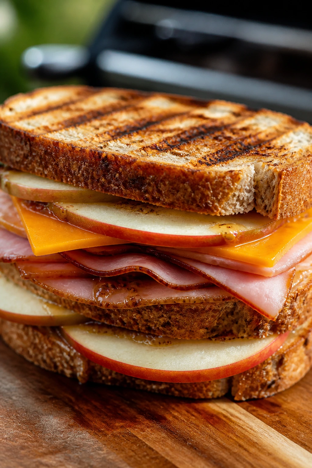 Close-up of apple cheddar ham sandwich on grilled whole-grain bread