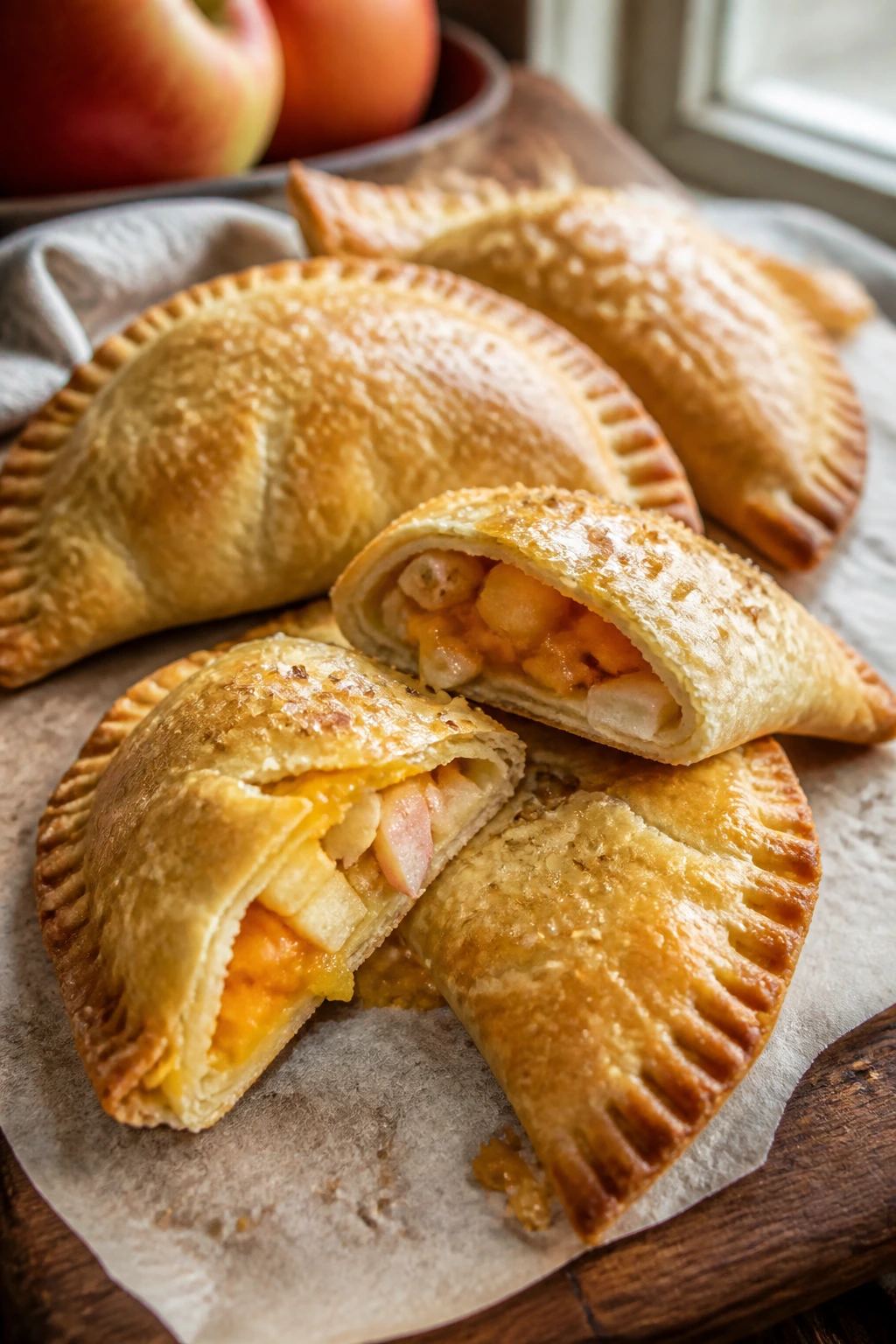 Close-up of golden apple-cheddar hand pies in a cozy kitchen
