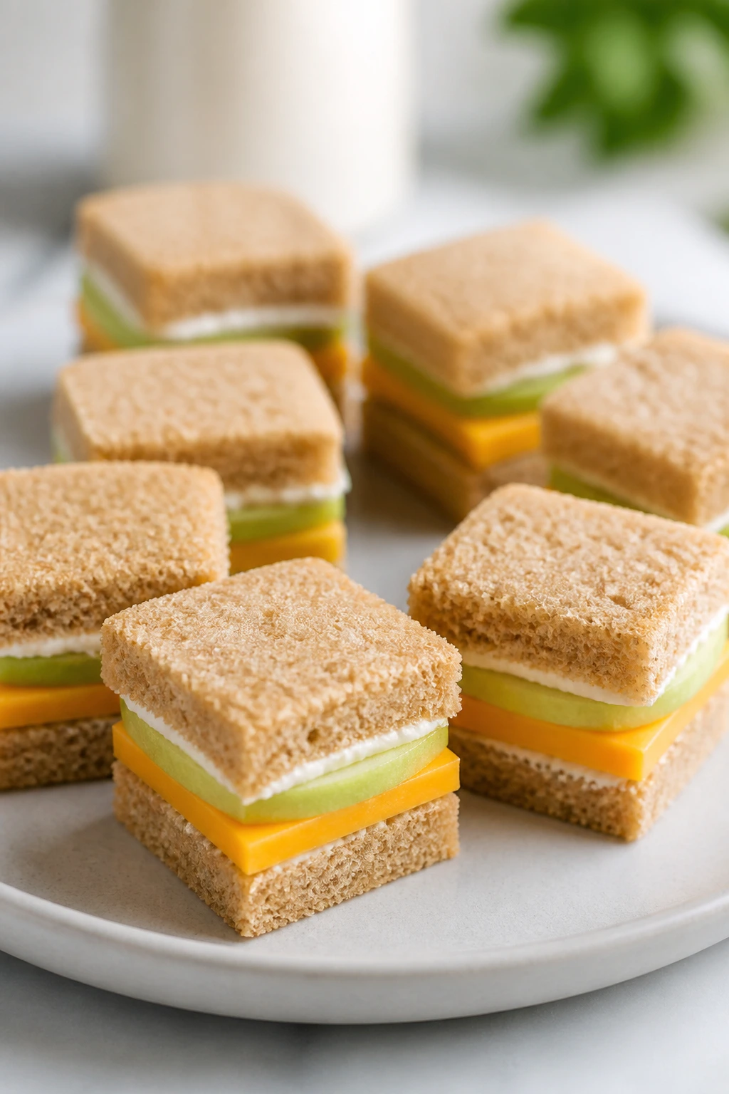 Close-up of apple cheddar mini sandwiches on a plate